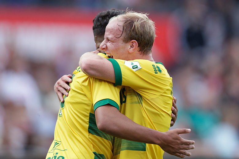 *Yahya Boussakou* of ADO Den Haag celebrates 1-1 with *Evan Rottier* of ADO Den Haag 