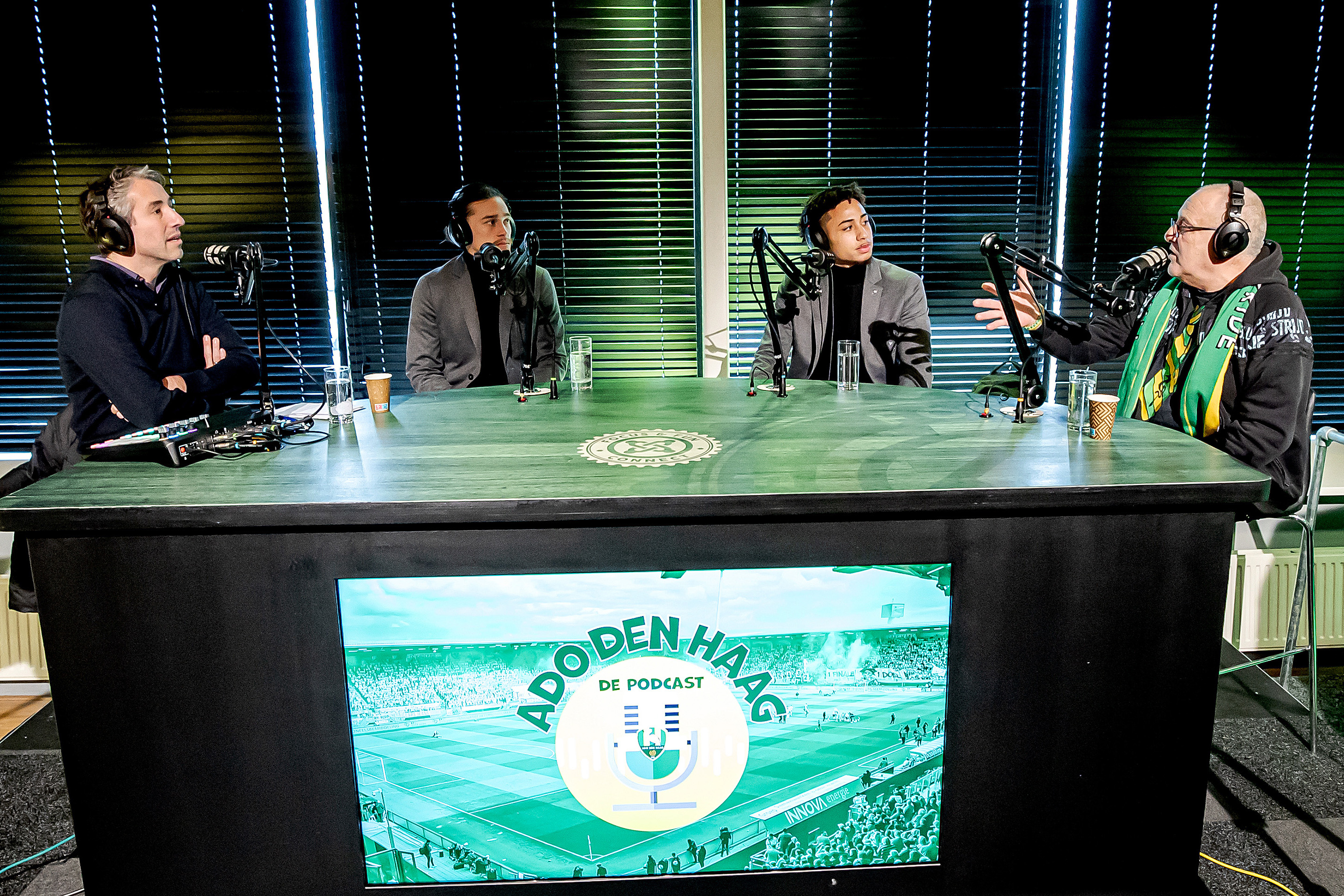 (L-R) ADO Podcast, *Jordy Wehrmann* of ADO Den Haag, *Tyrese Asante* of ADO Den Haag 