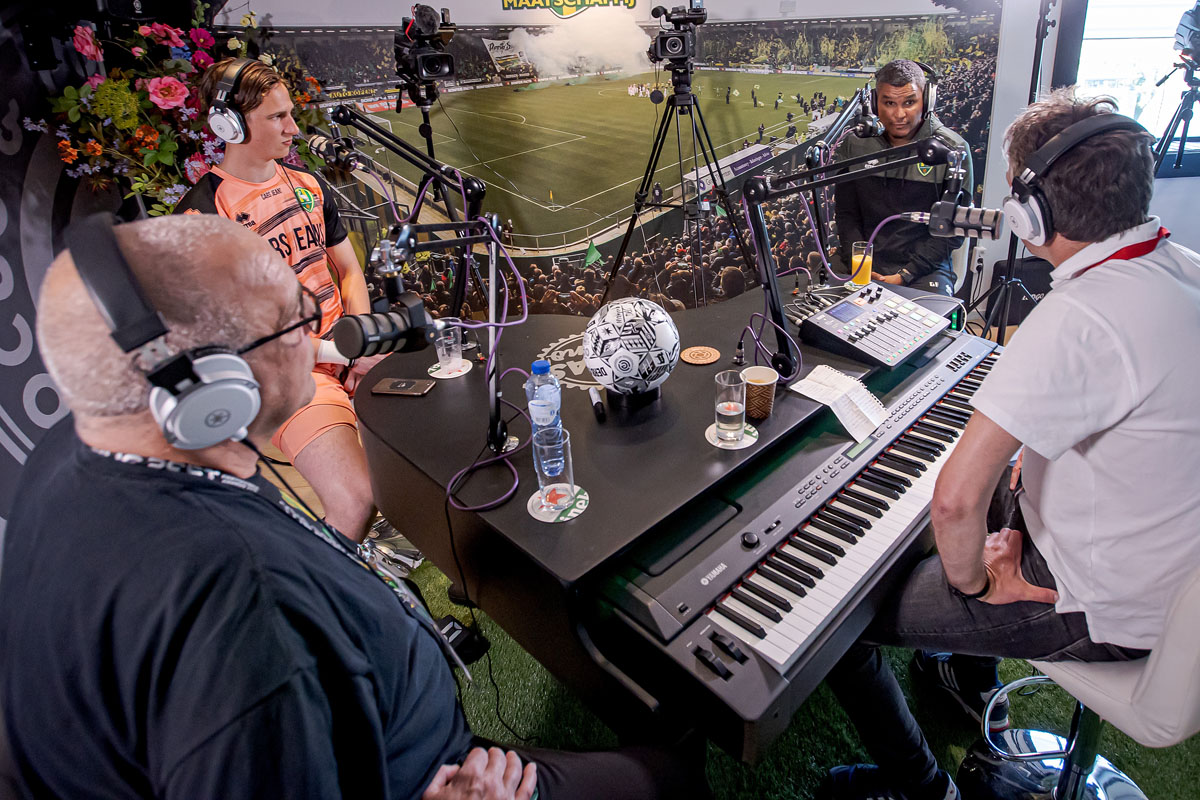 (L-R) ADO Den Haag podcast, coach *Giovanni Franken* of ADO Den Haag, *Hugo Wentges* of ADO Den Haag 