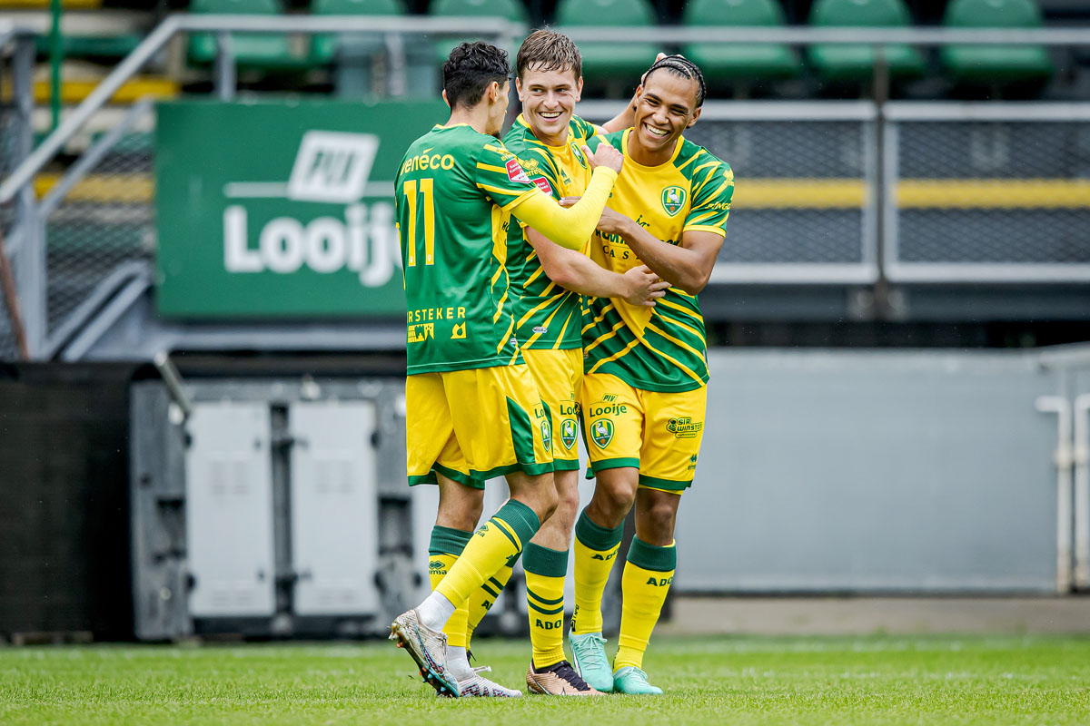 *Malik Sellouki* of ADO Den Haag, *Sacha Komljenovic* of ADO Den Haag, *Henri Koudossou* of ADO Den Haag celebrate 2-0